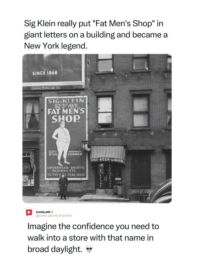 A historic black and white photo of Sig Klein's Fat Men's Shop storefront, an example of iconic ads from New York.