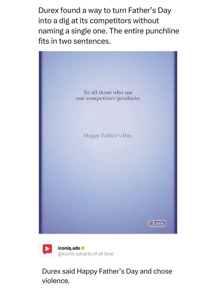 A minimal Durex print ad wishing Happy Father's Day to competitor users, showcasing iconic ads with humor.
