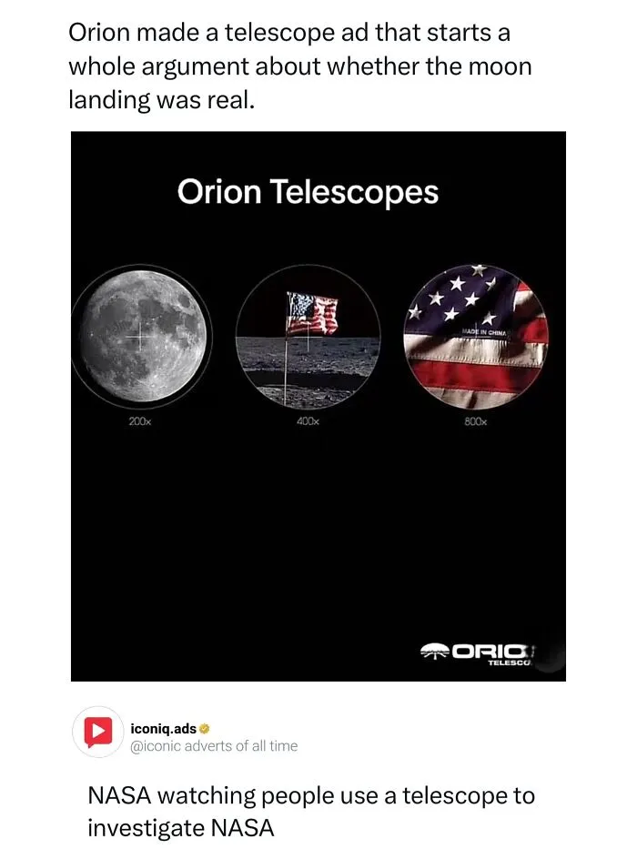 An Orion Telescopes ad showing three zoom levels on the moon, illustrating ads so entertaining and clever.