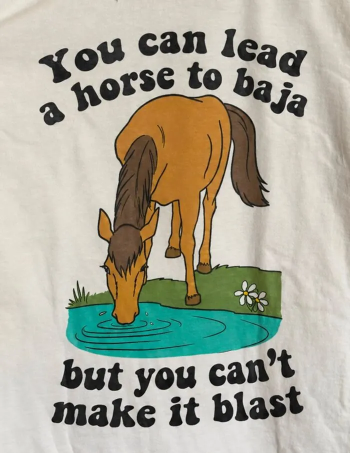 A beige hilarious t-shirt featuring a horse drinking from a pond with a humorous pun written around it.