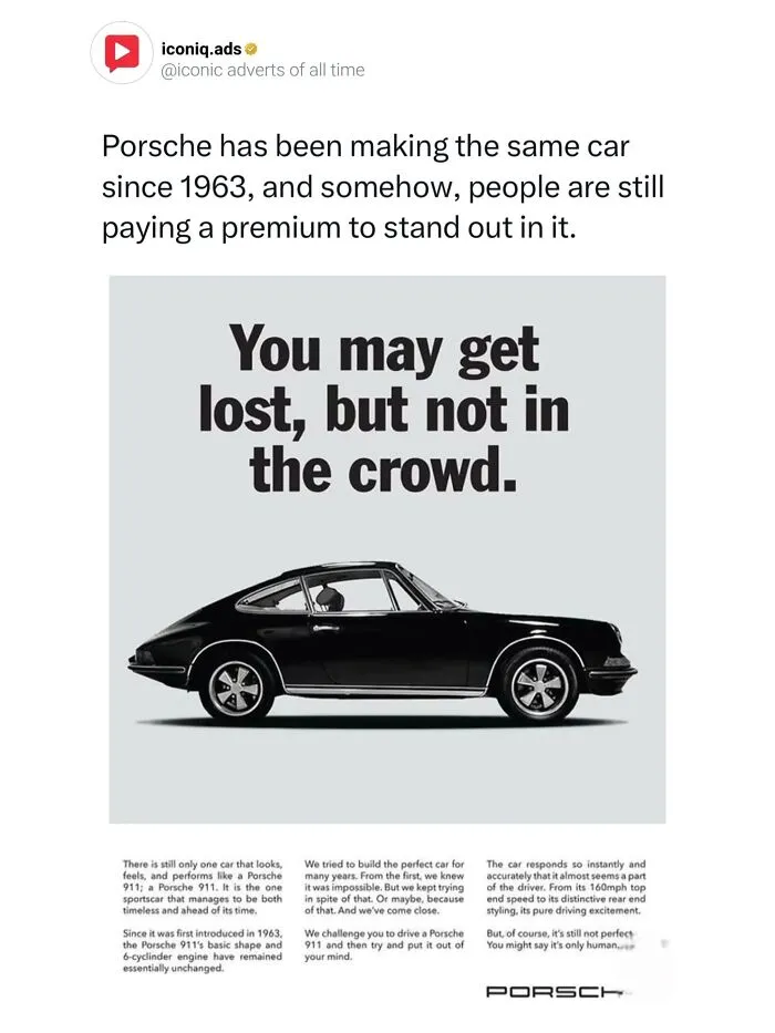 Classic Porsche 911 print advertisement featuring a black sports car on a grey background for iconic ads.