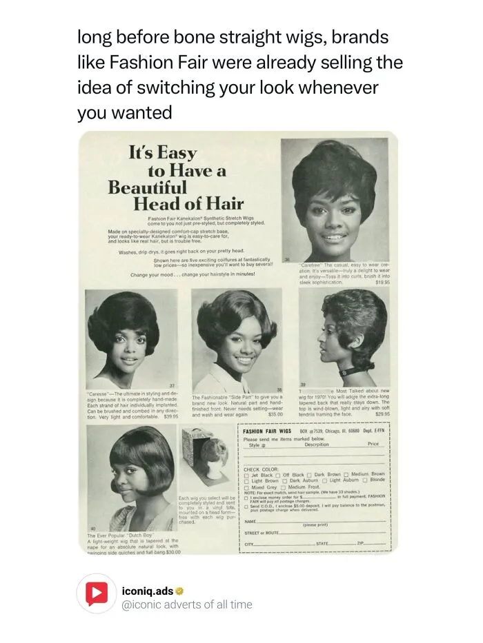Vintage Fashion Fair Wigs advertisement displaying various women's hairstyles for iconic ads.