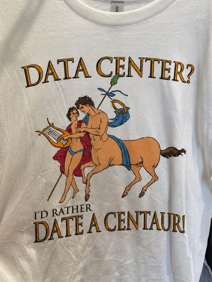 Hilarious white T-shirt featuring a classical drawing and unexpected text reading Data Center? I’d Rather Date A Centaur!