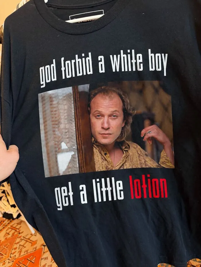 Black hilarious t-shirt featuring Buffalo Bill from Silence of the Lambs with funny text about lotion.