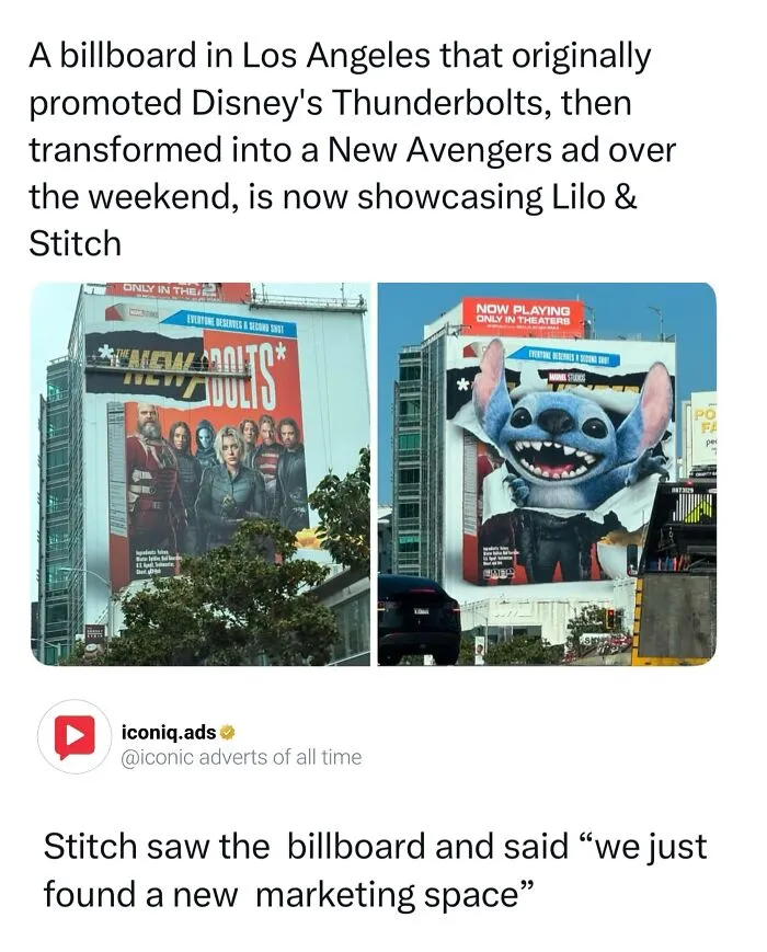 Outdoor billboard for Disney Thunderbolts and Lilo and Stitch, showcasing entertaining ads in public marketing