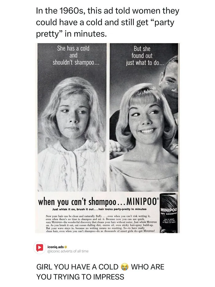 Retro Minipoo dry shampoo print ad showing a before and after transformation as an entertaining ad example