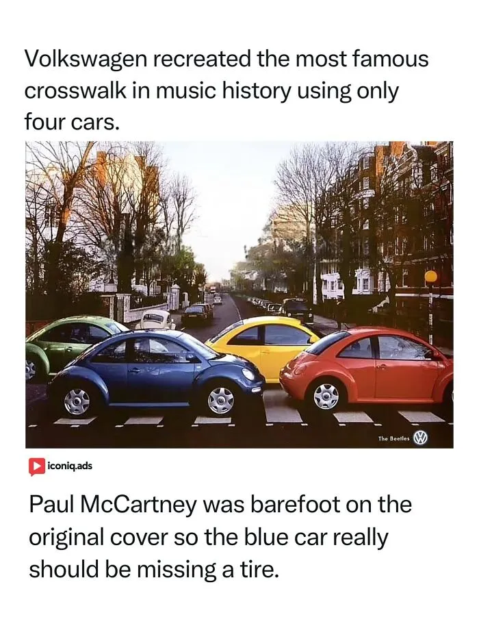 Entertaining and iconic ads displaying four colorful Volkswagen Beetles recreating the Abbey Road crosswalk.