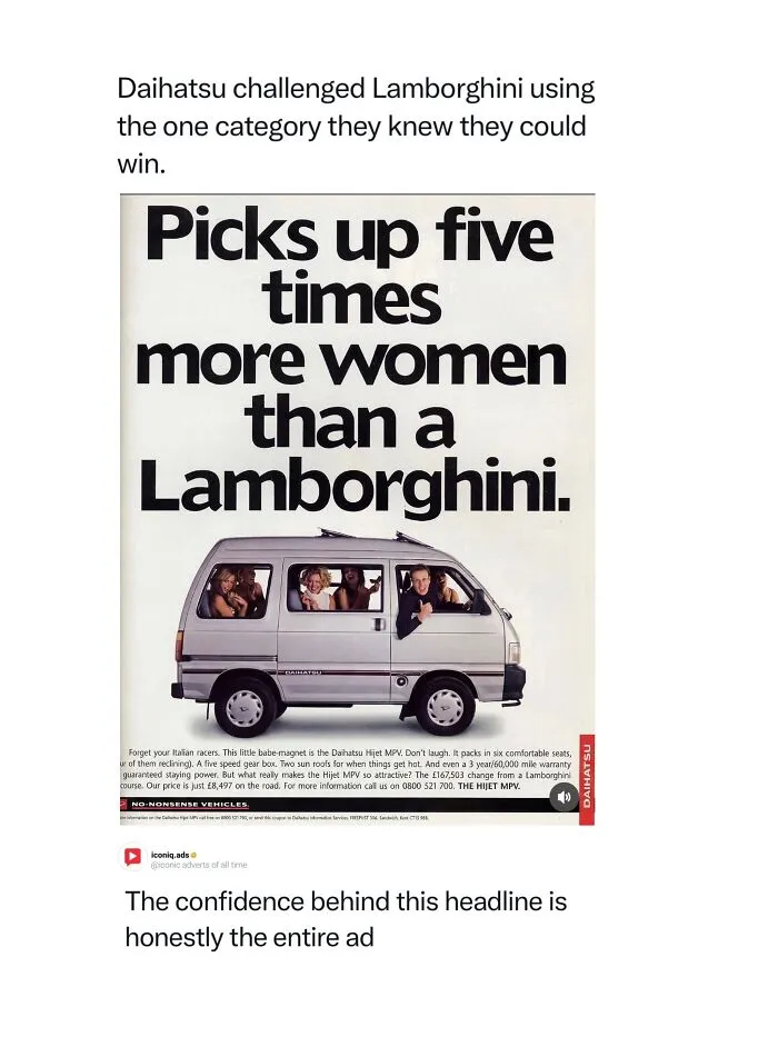 Entertaining and iconic ads featuring a funny vintage Daihatsu van advertisement comparing itself to a Lamborghini.