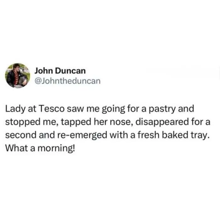 Tweet about a Tesco bakery employee, showcasing lighthearted memes about being British.