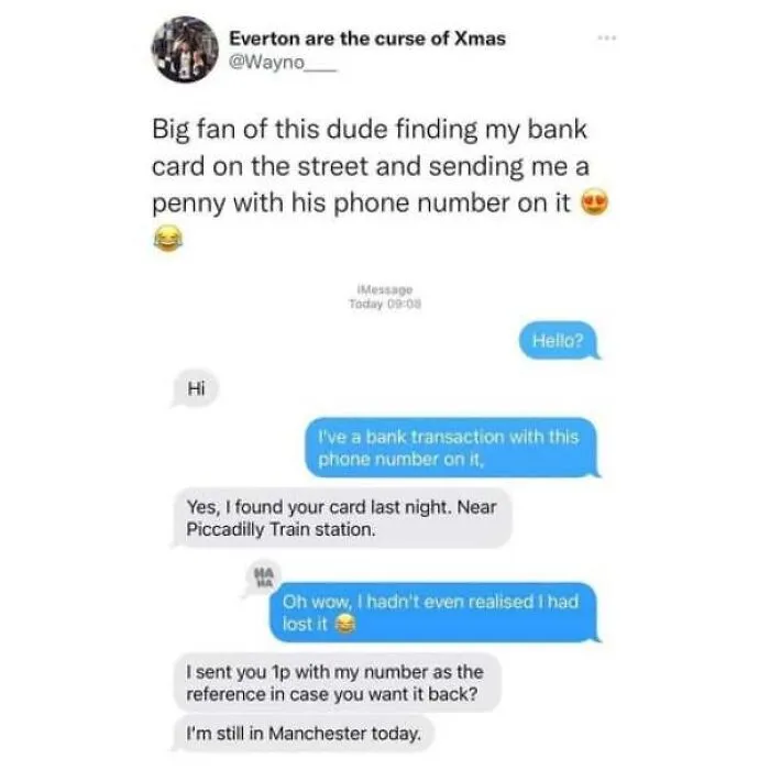 Text conversation about returning a lost bank card, featured in memes about being British.