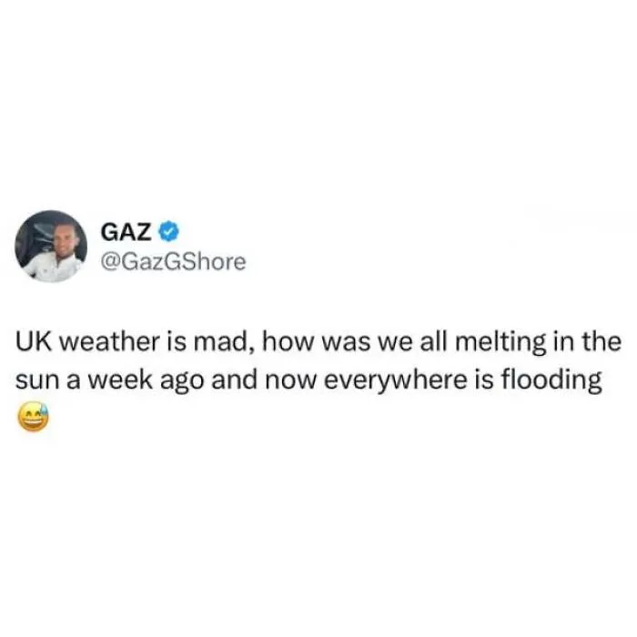 A funny tweet about unpredictable UK weather as a meme about being British.