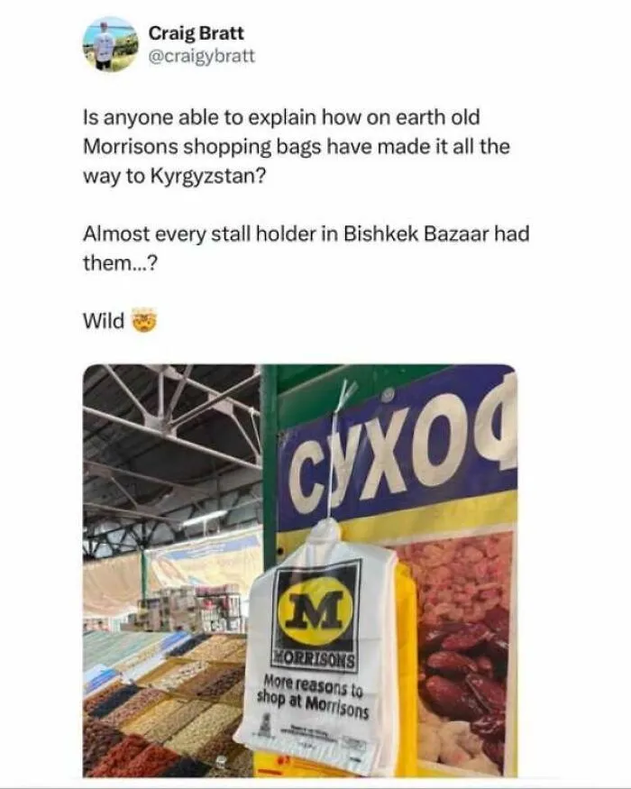 A tweet about a Morrisons bag in Kyrgyzstan showcasing memes about being British.