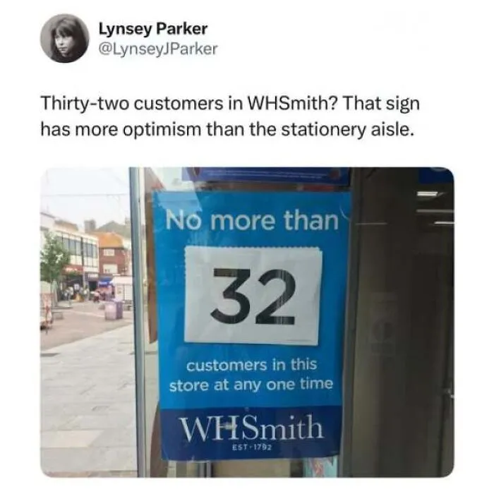A sarcastic tweet with a WHSmith store sign used in memes about being British.