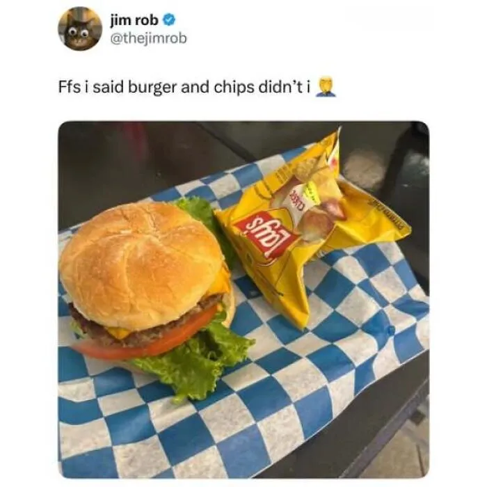 Hilarious memes about being British showing a burger served with potato chips instead of British chips.