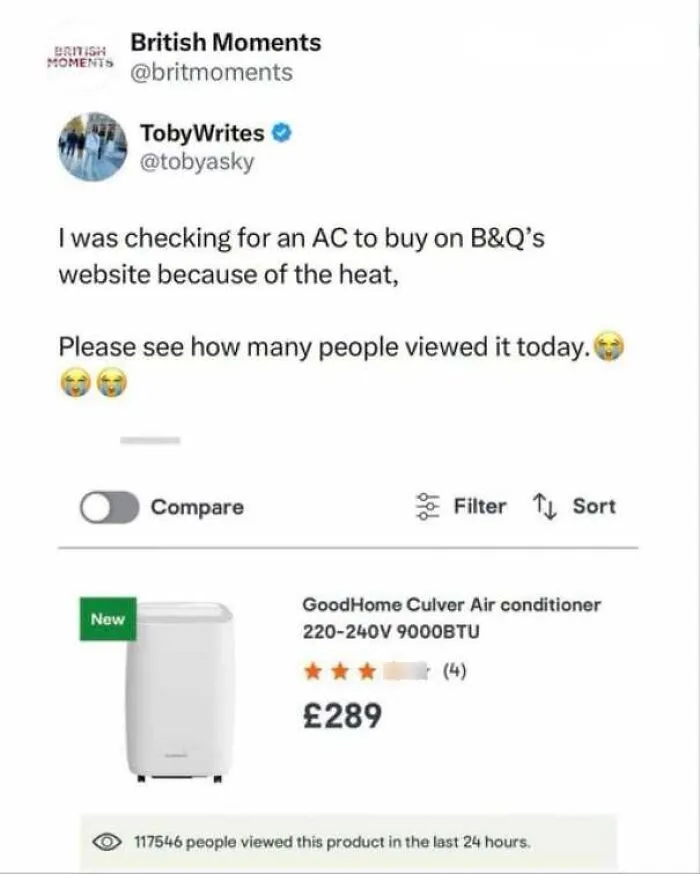 A screenshot of a B and Q air conditioner listing showing thousands of views during a heatwave, a meme about being British.