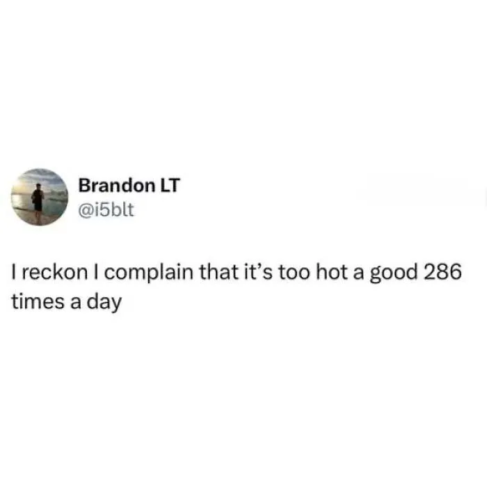 A tweet joking about complaining about hot weather constantly, illustrating classic memes about being British.