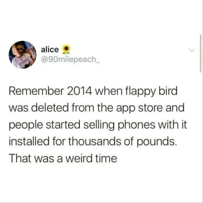 Social media post about 2014 Flappy Bird prices, shared in memes about being British.
