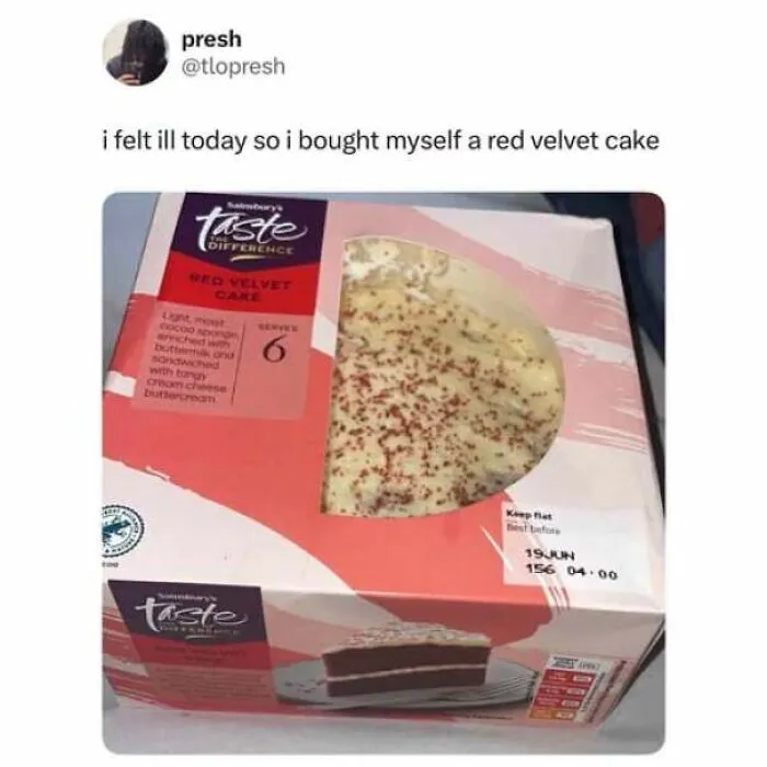 Boxed red velvet cake bought for self-care, featured in memes about being British.