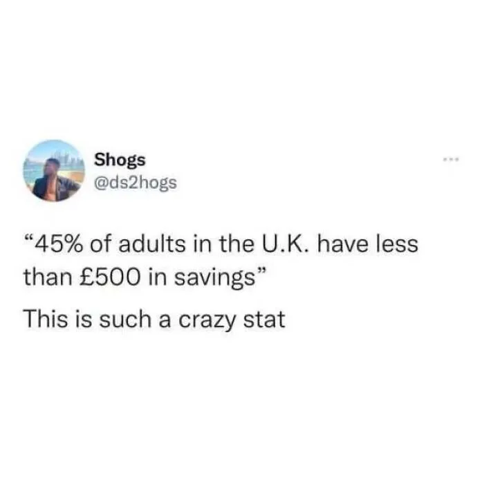 A tweet about UK savings stats featuring hilarious memes about being British.