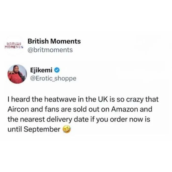 Social media post in a list of memes about being British highlighting hot weather and sold-out fans.