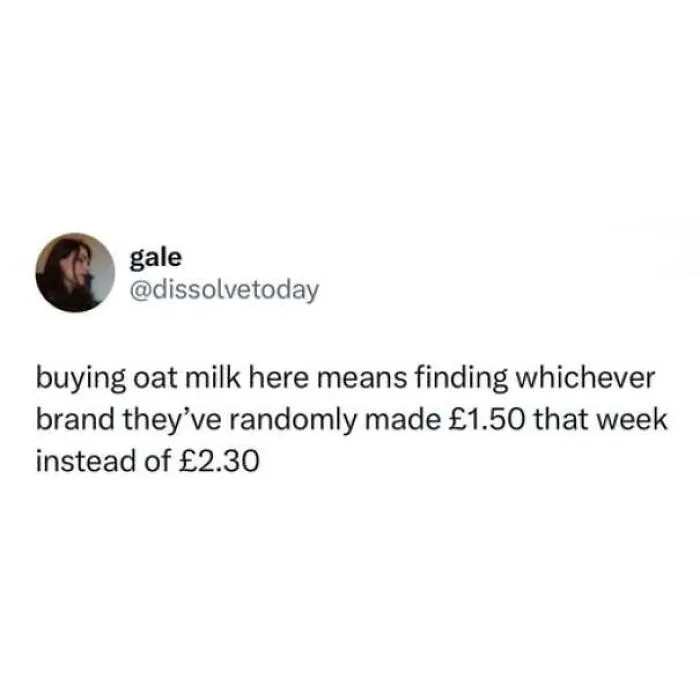 A tweet joking about buying oat milk on sale in the UK, capturing hilarious memes about being British.