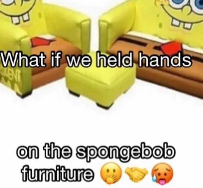 Yellow Spongebob furniture set in a funny image shared among absurd internet posts.