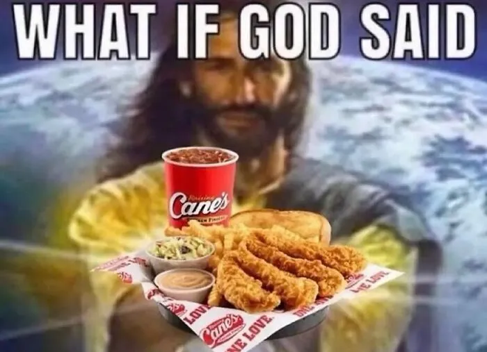 Meme featuring a figure holding Raising Cane's food, an example of absurd internet posts.
