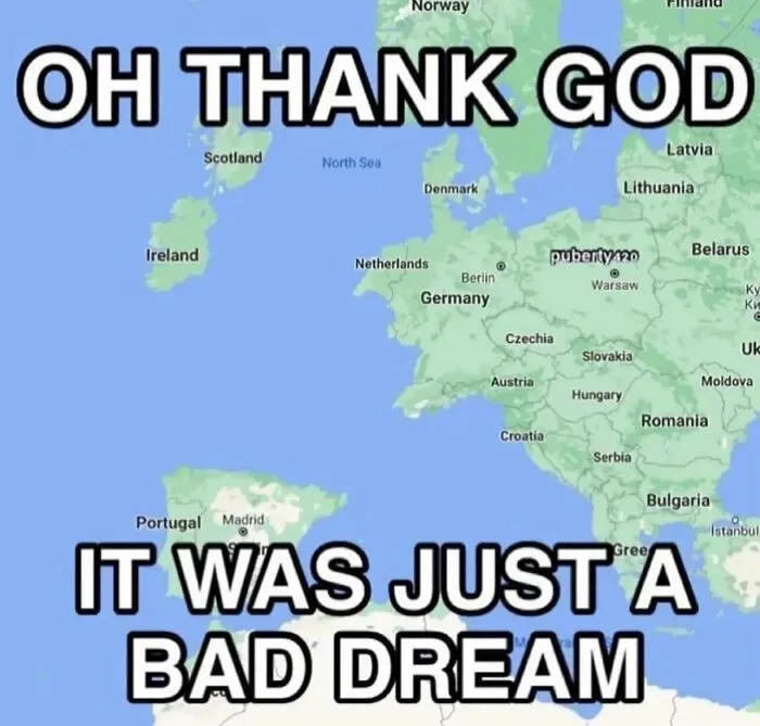 Absurd internet posts showing a modified map of Europe missing the UK with text about a bad dream.