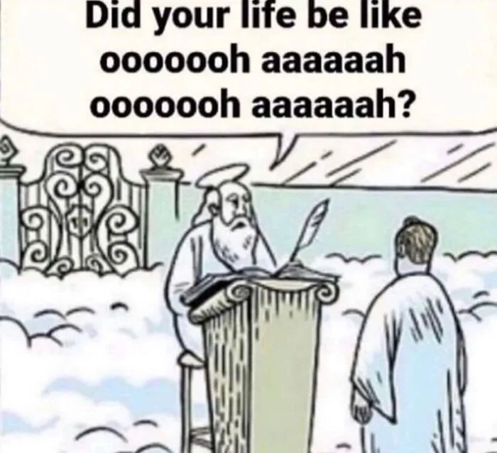 Absurd internet posts: cartoon showing Saint Peter at the pearly gates asking a soul about their life using song lyrics.