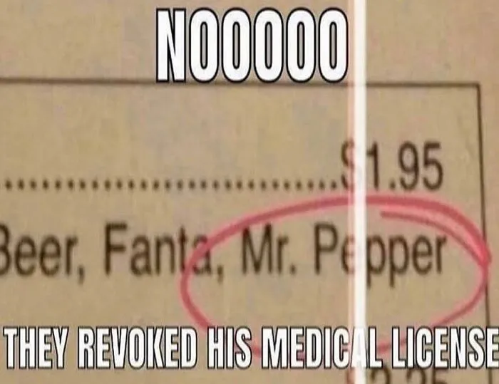 A receipt with Mr. Pepper printed on it, representing absurd internet posts.