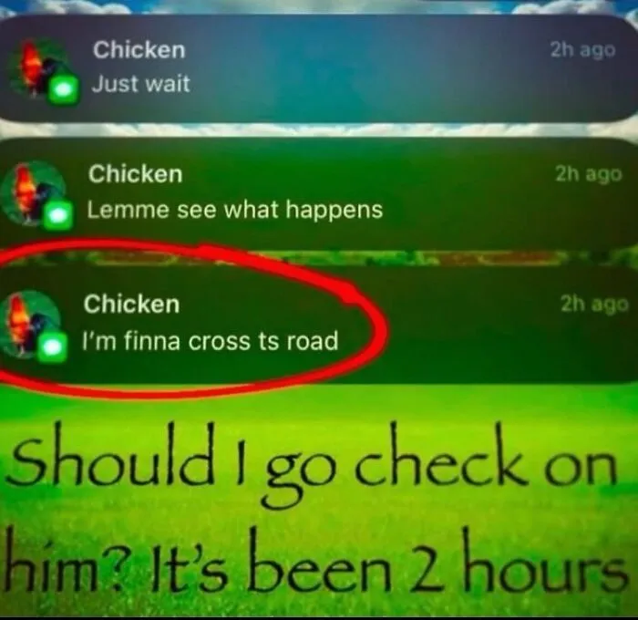 Absurd internet post showing text notifications from a chicken about crossing the road.