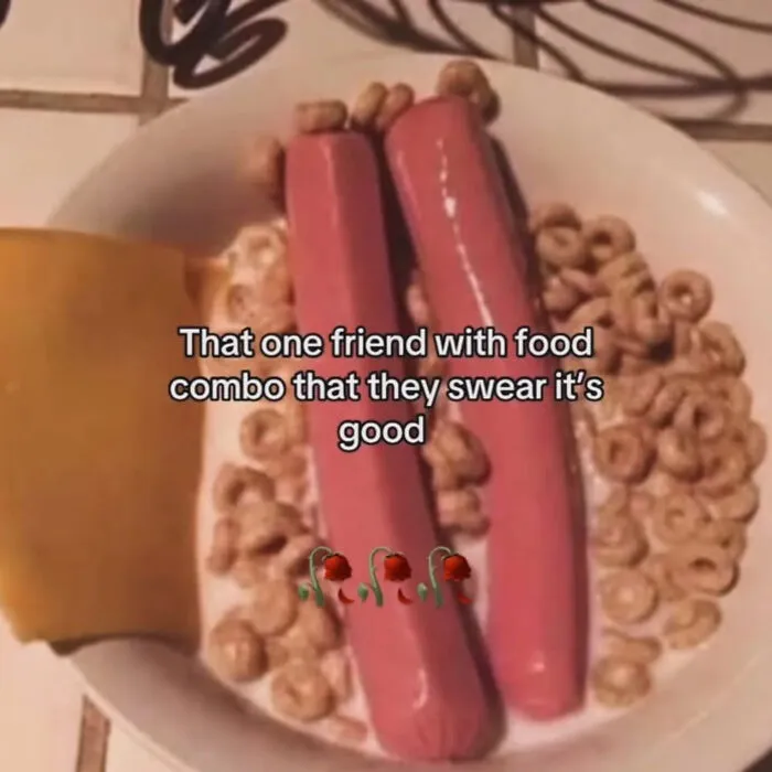 Absurd internet post showing a bizarre food combination of hot dogs, cereal, and cheese.