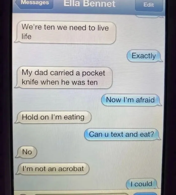 Absurd internet post showing a funny text conversation between ten-year-olds