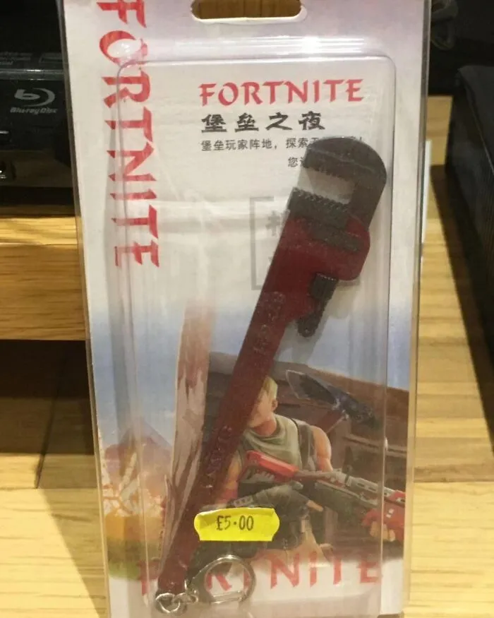 Absurd internet post showing a wrench packaged as Fortnite merchandise