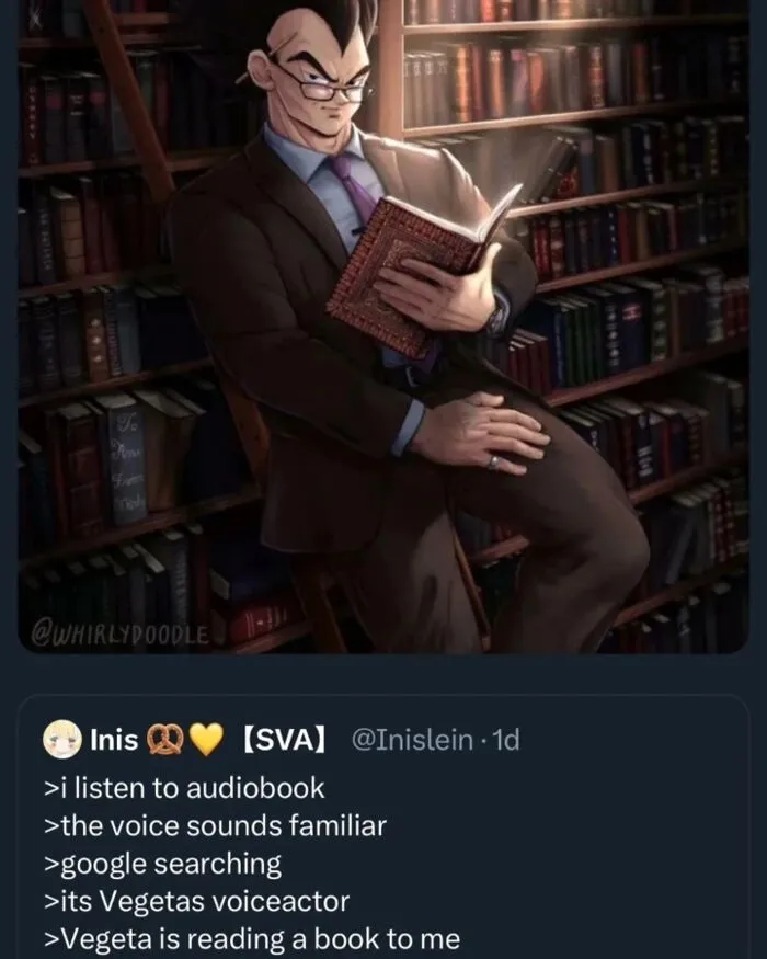 Absurd internet posts showing scholarly Vegeta in a library with text about listening to an audiobook.