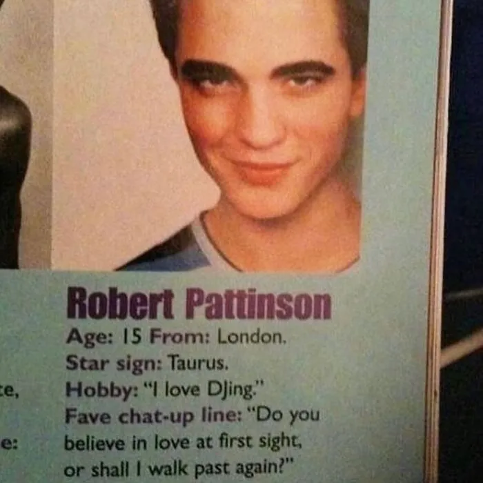 Absurd internet posts: a teen magazine feature on 15-year-old Robert Pattinson detailing his hobbies and pick-up line.