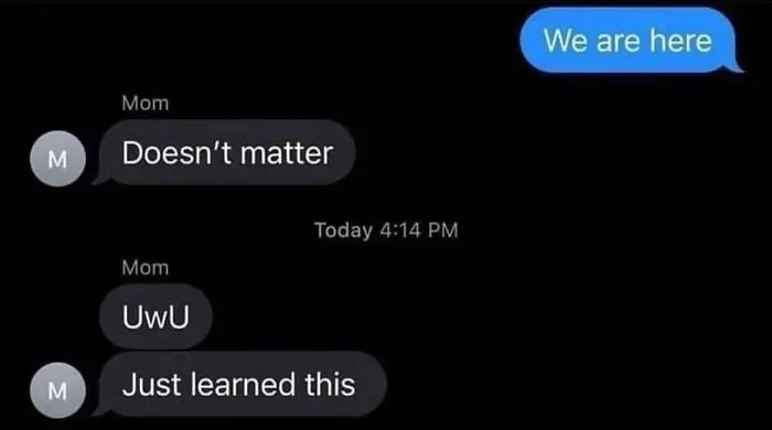 Absurd internet posts: screenshot of a text message exchange where a mom uses the slang UwU after saying Doesn't matter.