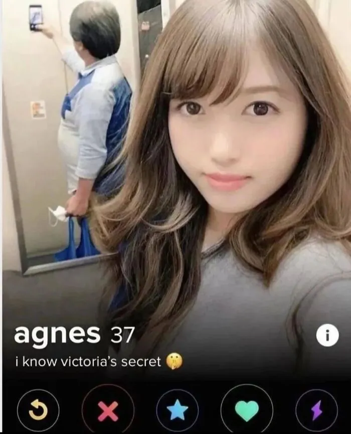 Absurd internet posts: dating profile screenshot showing a photo filter face overlaying a mirror reflection of a man.
