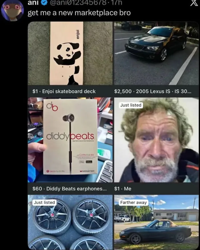 A screenshot of strange online marketplace listings showing absurd internet posts.