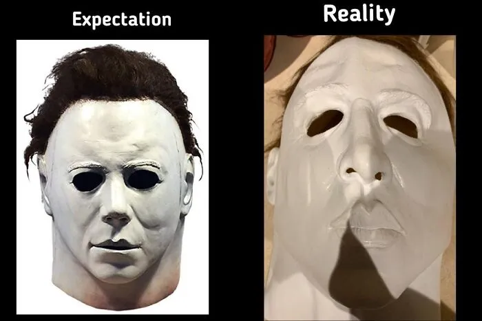 Side-by-side comparison of a Michael Myers mask expectation vs reality in funny photos.
