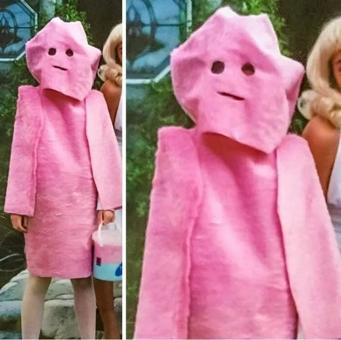 Funny pink Starburst costume fail showing Halloween didn't go as planned.