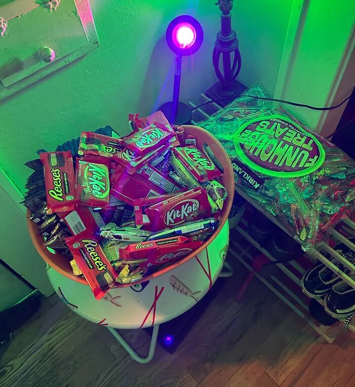 Bowl packed with KitKats and Reeses chocolates ready for Halloween treats