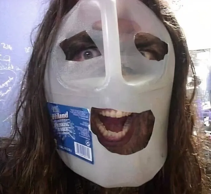 Funny DIY plastic milk jug mask Halloween costume fail