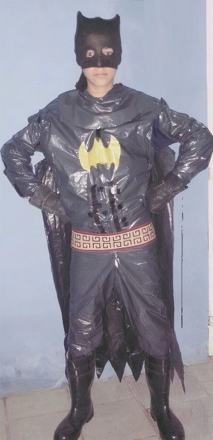 Funny homemade trash bag Batman Halloween costume fail