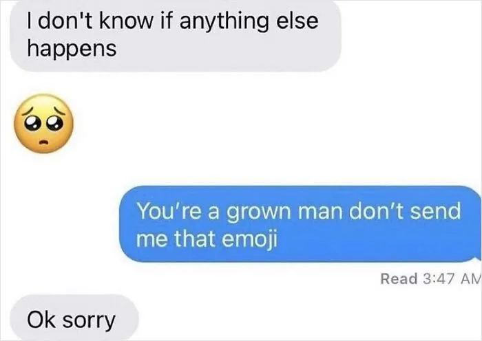 A screenshot of absurd internet posts featuring a text conversation about sending a pleading emoji.