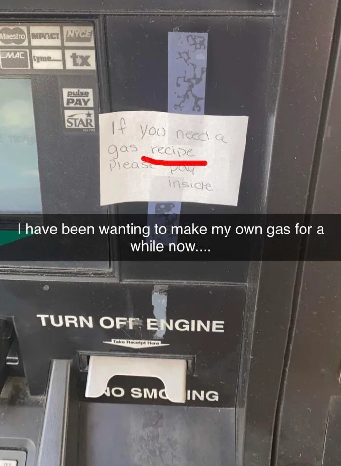 Gas pump sign with spelling fails writing gas recipe instead of receipt