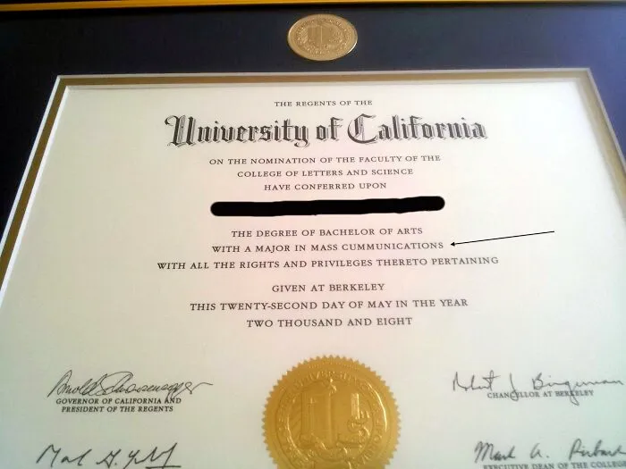 University of California diploma with a funny spelling fail stating Mass Cummunications.