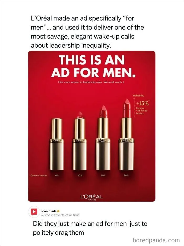 An iconic L'Oréal ad for men promoting women in leadership roles with lipstick visual.
