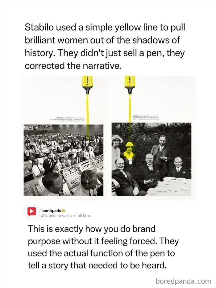 Iconic advertising print campaign by Stabilo highlighting famous women in historical photographs with yellow highlighter.