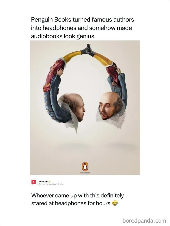 Iconic ads for Penguin Audiobooks featuring William Shakespeare styled as headphones.